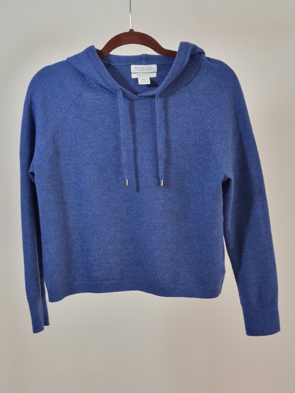 Rachel Zoe Sweater Women’s M Blue 100% Extrafine Merino Wool Hooded Pullover